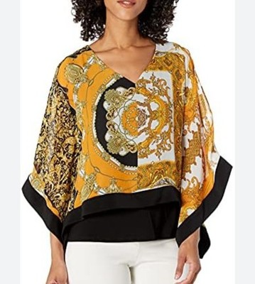 COCO BIANCO Baroque Scarf Print Blouse Top Sz L Orange Gold Poncho Shawl Chiffon