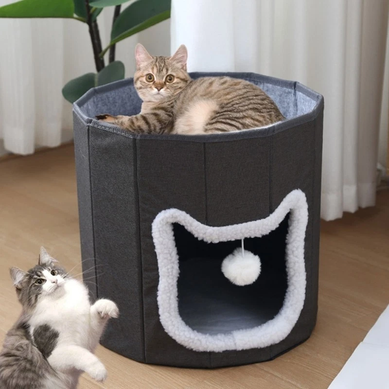 Pet Sleep Warm Bed Nest House with Dangling Toy Plush for Indoor Condo