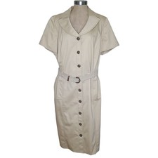 Tahari Arthur Levine Dress Womens Sz 16W Beige  Lined Button Up Belted Trench 