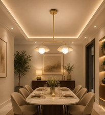 Modern Brass Chandelier, Mid Century Double Globe Pendant Dining room Light