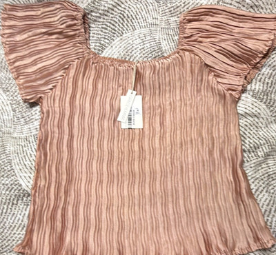Grace Emma Pink Pleated Ruffle Square Neck Flutter Short Sleeve Blouse M