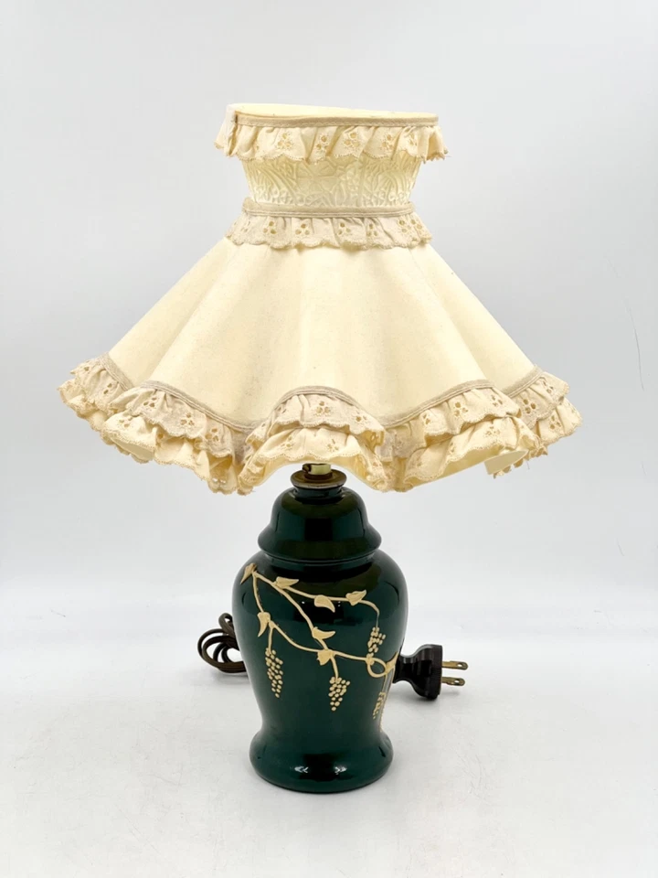 VTG Nightstand Bedside Table Lamp-Dark Green w-Grapevine Applique/Ruffle Shade - Image 2 of 4