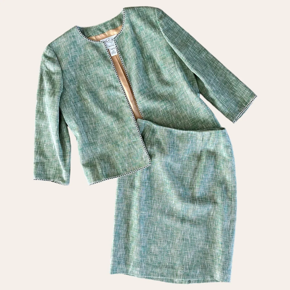 OSCAR DE LA RENTA ЖЕНЩИН PETITE ЮБКА 2P И КУРТКА 6P КОМПЛЕКТ СДЕЛАНО В США ЗЕЛЕНЫЙ - Изображение 2 из 4