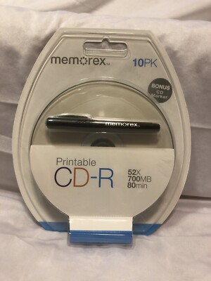 Memorex Recordable Disc CD-R PRINTABLE 10 PK w/ Marker 52X 700 MB 80 ...
