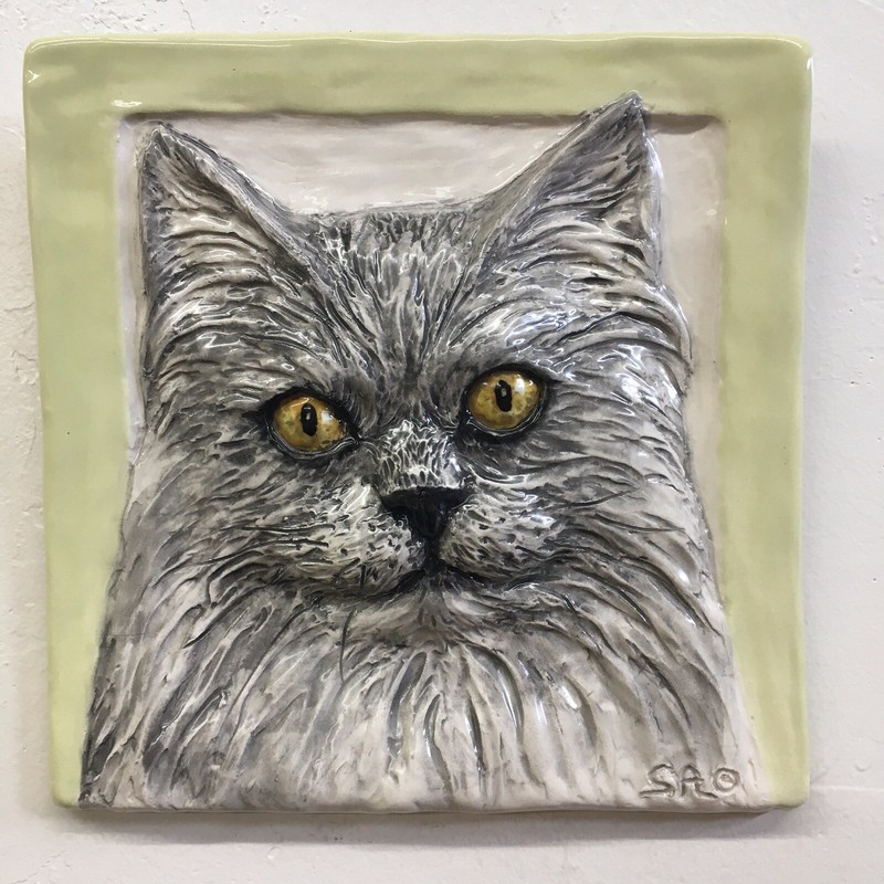 Longhair Cat Ceramic Pet Portrait 3d Animal Tile Handmade Sondra Alexander Art