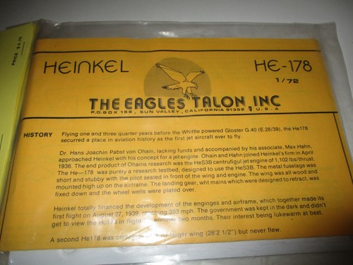1/72 Vacuform Eagles Talon Heinkel He-178 unbuilt kit stapled in origimal bag