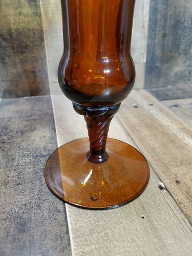 Art Glass Vase Amber Vintage Blown Pedestal Flower Ribbed Optic Italy Empoli 9.5 - Picture 3 of 7