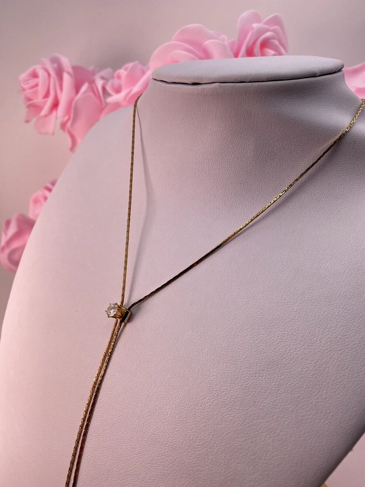 Vintage Gold Metall Y Tropfen Halskette Zirkonia/Kristall