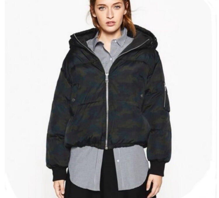 Zara Basic Outerwear Jacket Ladies Blue Green Camo Puffer Coat Hooded M- L