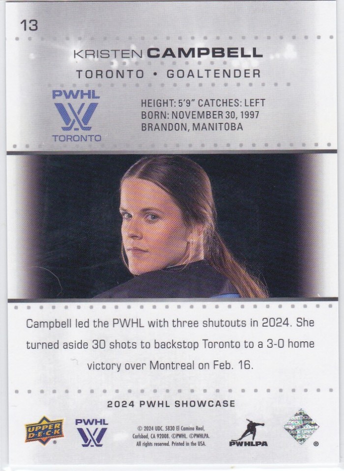 2024 UD PWHL SHOWCASE..KRISTEN CAMPBELL..ROOKIE..EXCLUSIVE..CARD # 13 ...
