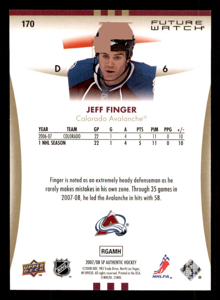 2007-08 SP Authentic #170 Jeff Finger RC /999 (ref 239916) - Image 2 of 2