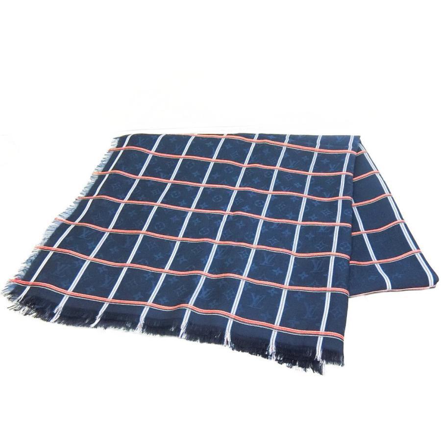 Authentic Louis Vuitton Monogram Navy MP1777 Cotton Silk Large Shawl Scarf No Box