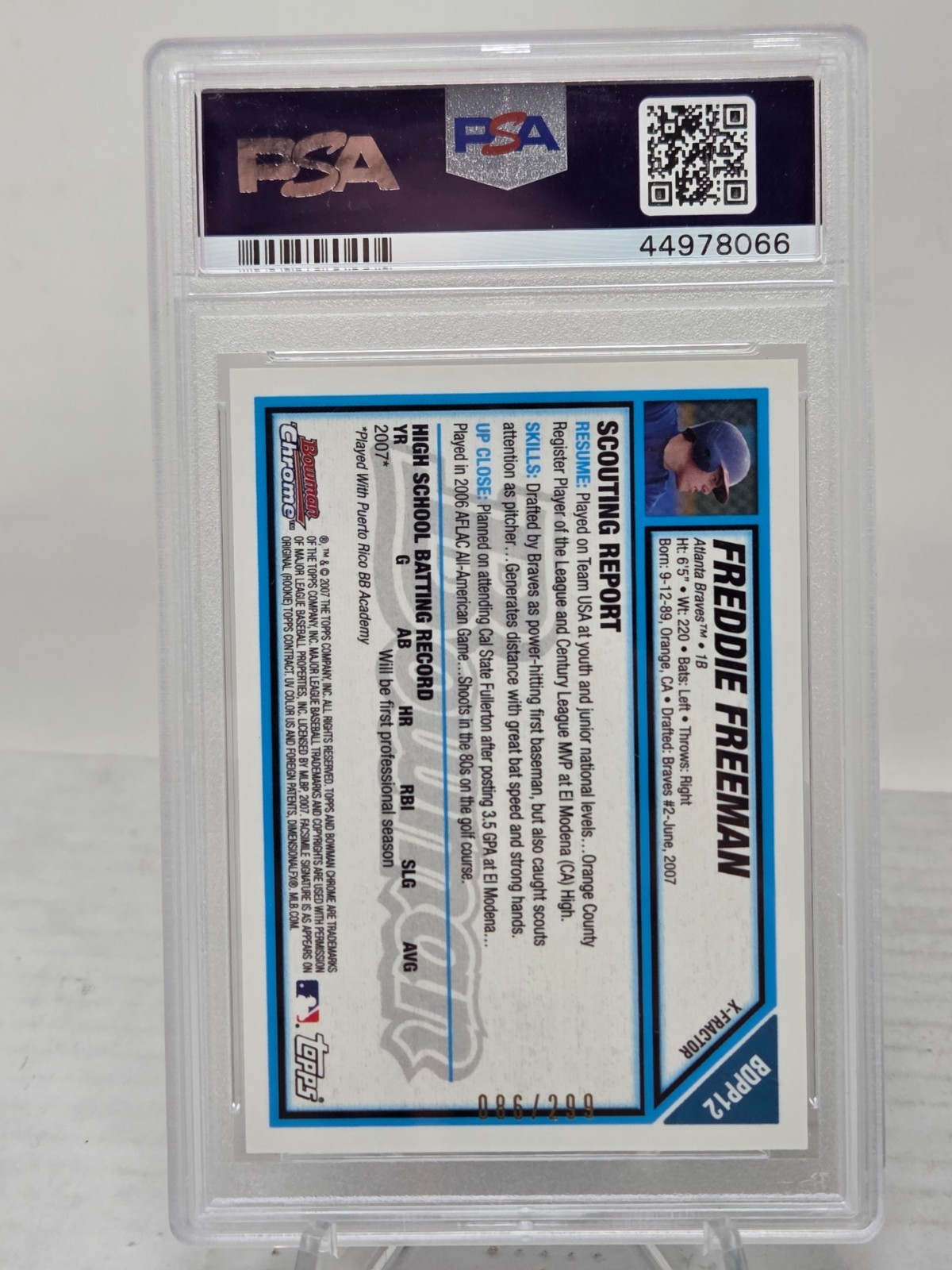 2007 Bowman Chrome XFRACTOR ~ FREDDIE FREEMAN RC Card /299 PSA 10 GEM MINT Pop 9 view 3