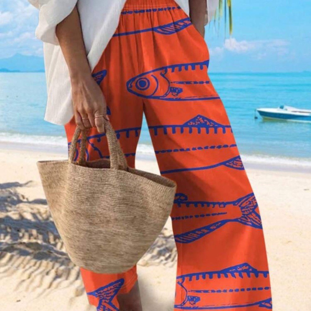 Source Unknown Vibrant Orange Fish Print Wide Leg… - image 1