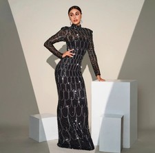 Black Sequin Mermaid Gown, Long Sleeve High Neck Formal Maxi Dress