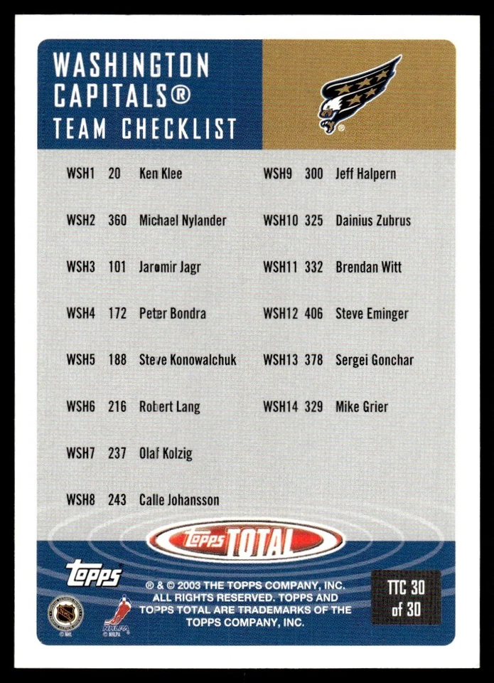 2002-03 Topps Total Jaromir Jagr Washington Capitals #101 - Image 2 of 2