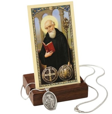 Saint Benedict Silver Medal Necklace with prayer card in spanish