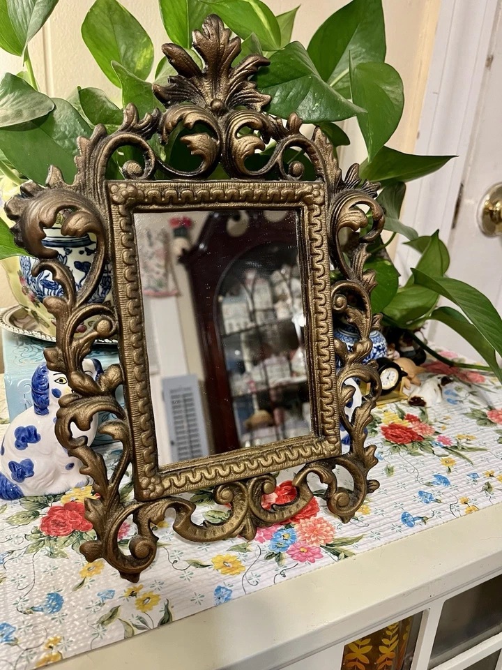 Antiguo tocador de caballete de hierro fundido con acabado dorado Wilton/espejo victoriano de mesa Foto 2 de 4