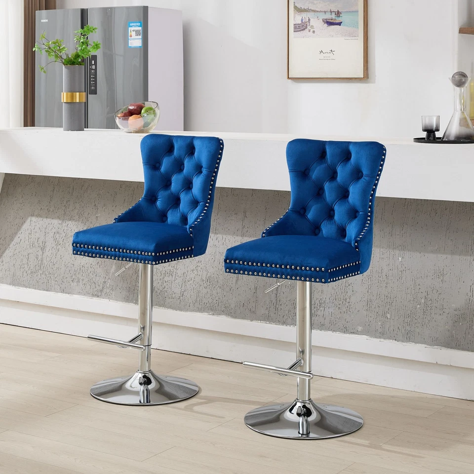 Set/2 Luxury Swivel Kitchen Barstools 25-33" Adjustable Thick Chrome Velvet Blue - Image 2 of 4