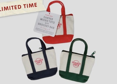  1 Trader Joe's NWT MICRO CANVAS TOTE WITH GROCERY BAG (Red only) 