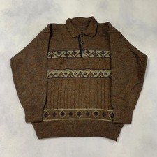Vintage Knitted Jumper Abstract Patterned 1/4 Button Grandad Knit Sweater Men's