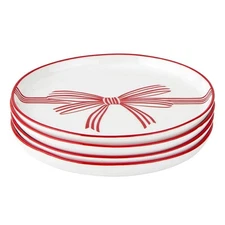 Appetizer Plate Set White Ceramic Small Plates 5.25" Diameter Red Bow 4-Count
