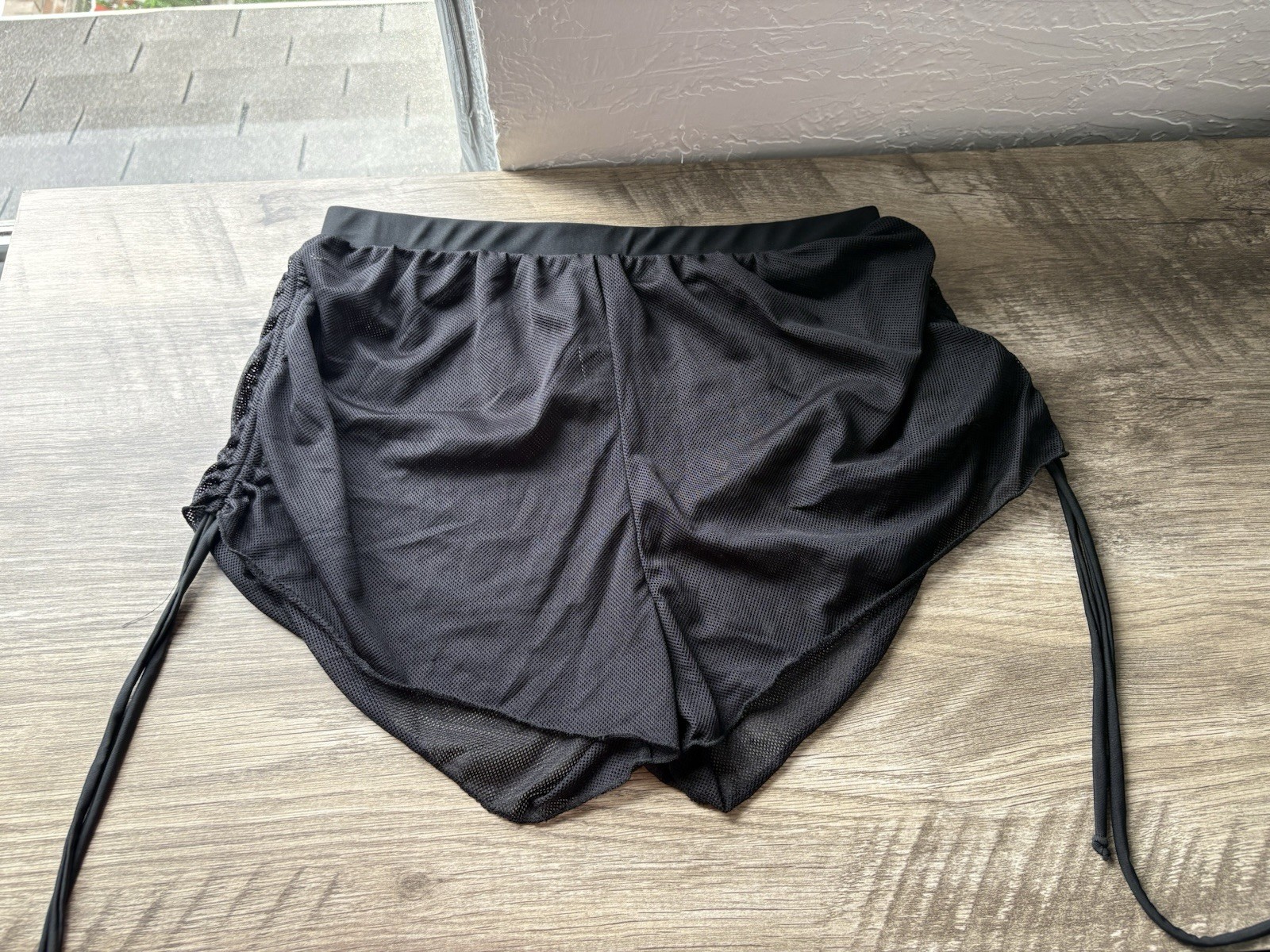 Women’s Black Fishnet Ruched Swim Cover Up Shorts Size 1XL