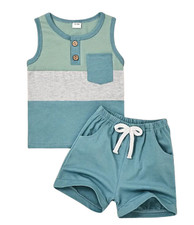 Boys Colour Block Singlet  Shorts Set - Green - Size 12-18 Months