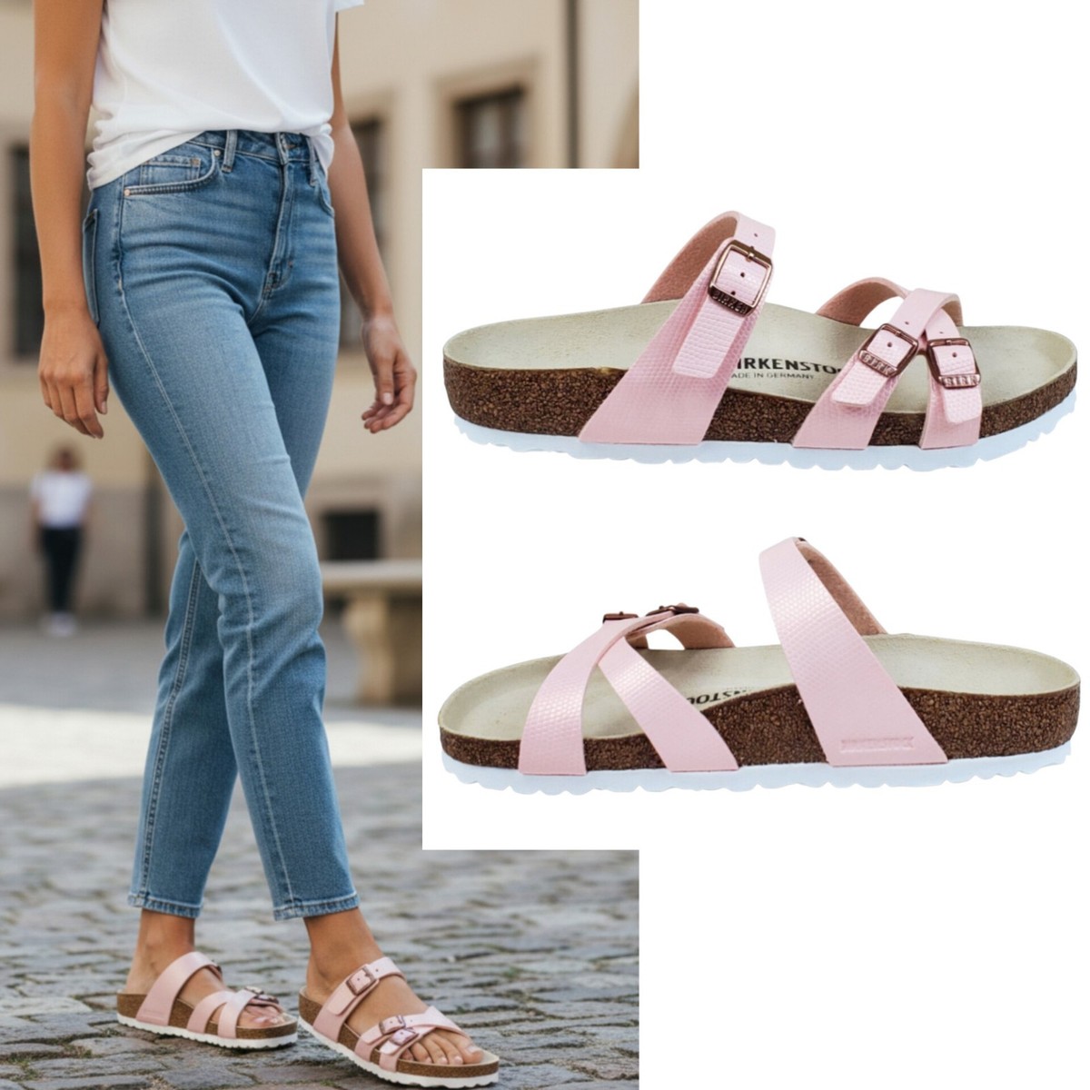 Birkenstock Franca sandals shiny light rose shimmer embossed