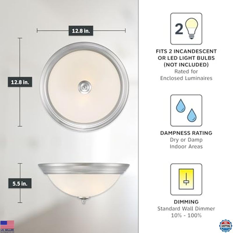 2-Pack 13" LED Flush Mount Ceiling Light, Frosted Glass, Brushed Nickel ...
