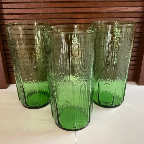 3 Anchor Hocking Hickory Wood Grain Green Tumbler Set Vintage Textured Retro 7”