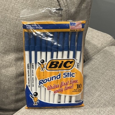 Vintage Bic Round Stic Pens NOS 10 Blue Ink Made In The USA Medium SEALED PACK