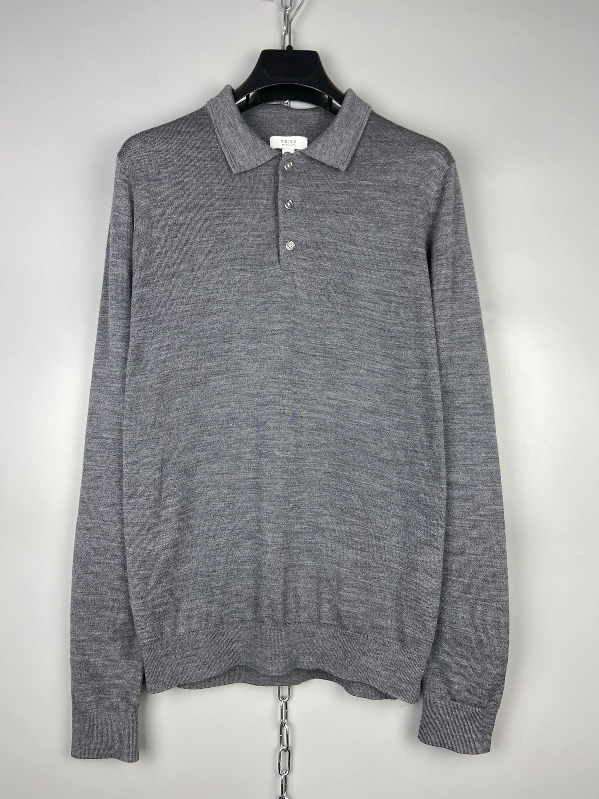 Reiss Mens Merino Wool Knit Gray Collared Casual Sweater Pullover Size S