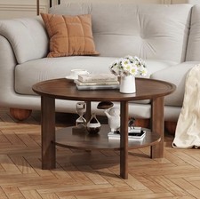 Round Tray Top Coffee Table with Storage Shelf, Farmhouse Wood Cocktail Table