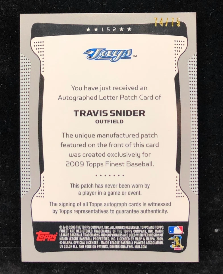 Travis Snider 2009 Topps Finest Letter “S” Patch Auto RC 74/75 Toronto Blue Jays - Image 2 of 2