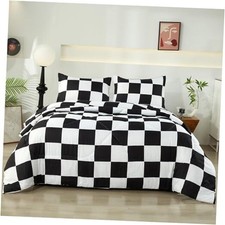 Black White Plaid Comforter Set, 3 Pieces Fluffy Queen Black White Checkerd