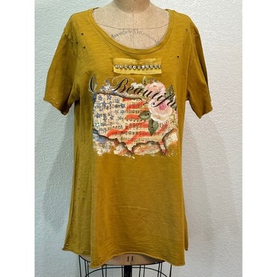 A Rare Bird Womens S/M Mustard Yellow O Beautiful USA Distressed T-Shirt NWT