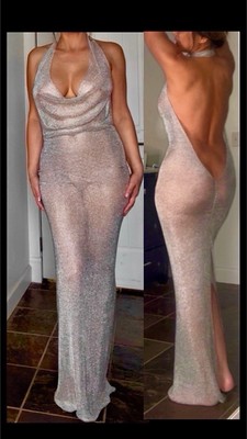 Sexy Silver Metallic Backless Chain Link Knit Long Dress By Revolution Girl  
