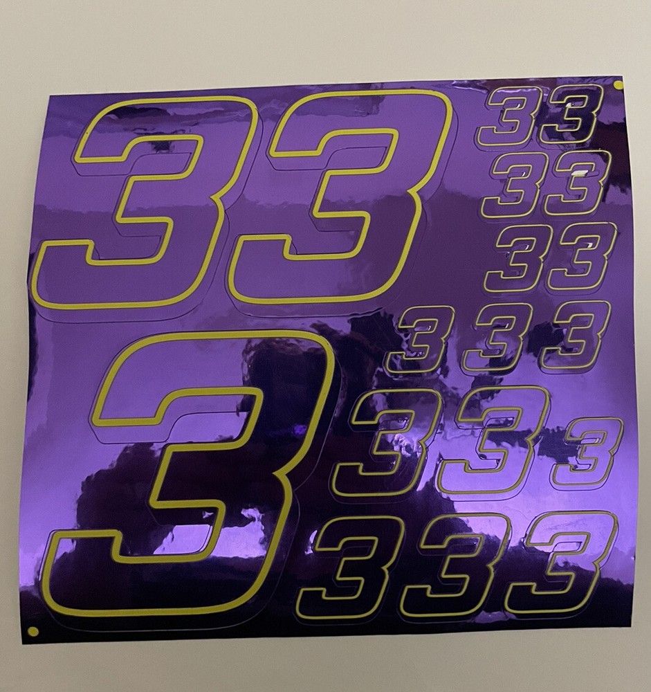 Chrome Purple W/ Yellow  #3s  Racing #'s Vinyl Decals 1/10-1/12 Defective Box L