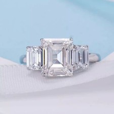 5 Ct Emerald Cut Three Stone Simulated Engagement Ring In 14K White Gold Plated