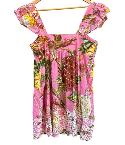 Juliet Dunn Bohemian Pink Retro Floral Embroidered Baby Doll Mini Dress Sz 3 - Picture 3 of 6