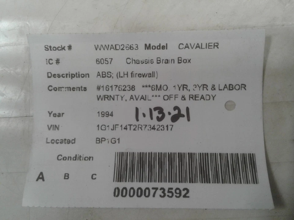 Módulo de control ABS usado se adapta a: Chevrolet Cavalier 1994 ABS LH firewall grado A Foto 3 de 4