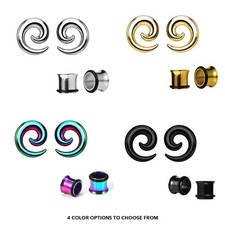 Pair of Anodized Titanium Seamless Steel Spiral Ear Tapers with Ear Plugs