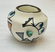 Native American Handmade W Turquoise Mini Pottery Vase Hand-Painted Signed CRW