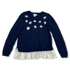 Crown & Ivy Girls Navy Blue Ruffle Bottom Sweater Emroidered Thread Flowers Sz S