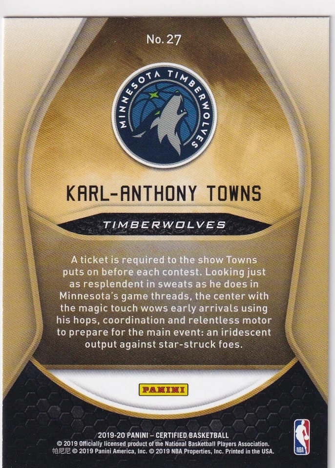 2019-20 CERTIFIED GOLD TEAM INSERTS KARL-ANTHONY TOWNS TIMBERWOLVES - D1394 - Image 2 of 2