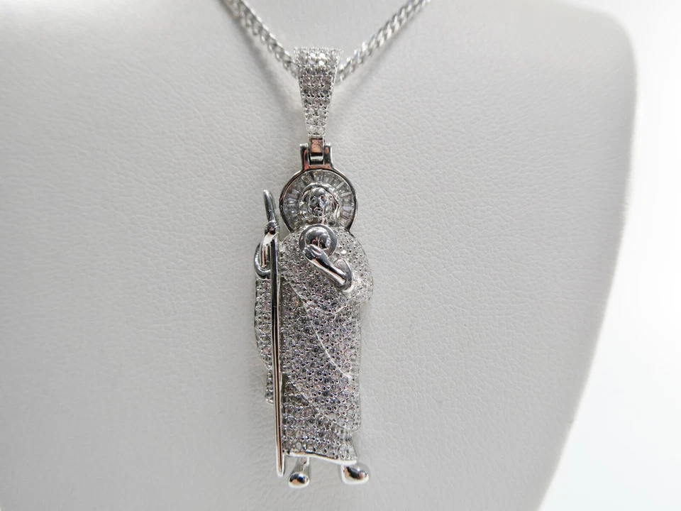 REAL 925 PRATA ESTERLINA 18" CORRENTE CUBANA E PINGENTE SANTO JUDEU ACABAMENTO RÓDIO - Imagem 2 de 4