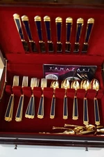 Yamazaki KRYSTALLOS-BLUE Gold Accent 66pc Stainless Flatware Set Service W/ Box