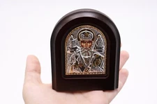4.3" Saint Nicholas Silver Angel Icon Orthodox Byzantine Gold Church Wood