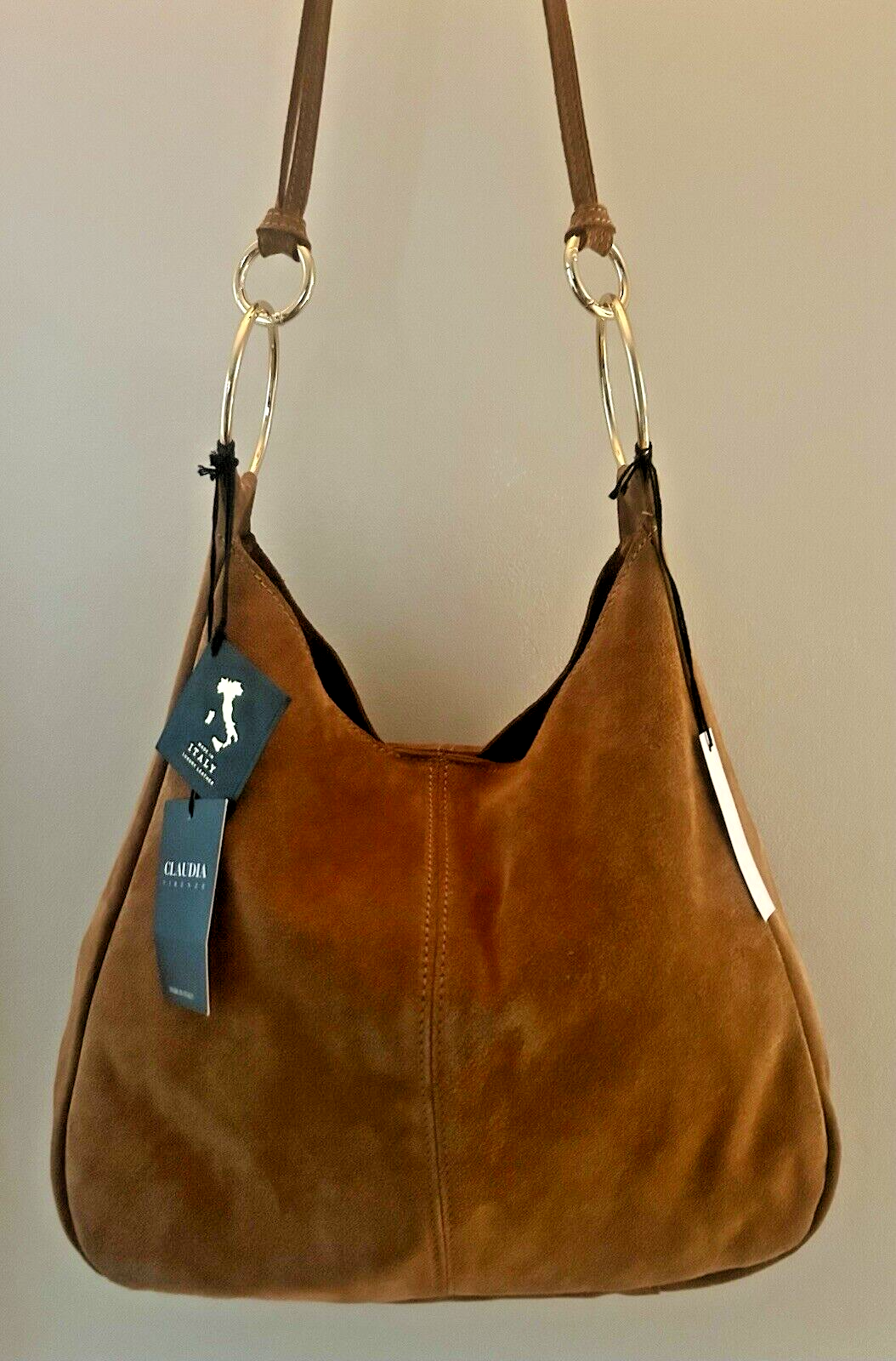 NWT Claudia Firenze Brown Suede Crossbody Shoulder Bag GOLD RINGS Purse